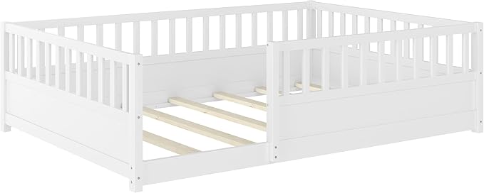 Bellemave Full Floor Bed with high Fence, Solid Pine Wood Montessori Bed for Kids Girls Boys Floor Bed Frame, White with slats