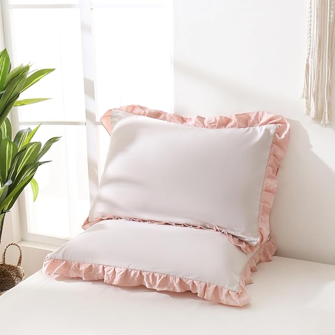 Merryword Pink Pillow Shams Standard Pillowcases 20x26inch Beige and Pink Reversible Cute Pillow Cover Set of 2 Soft Shabby Chic Ruffled Pillowcases