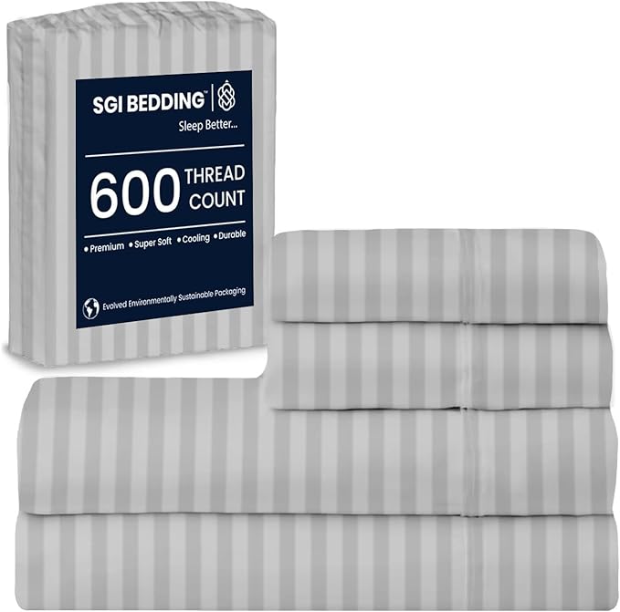 SGI bedding 100% Egyptian Cotton Sheets Full XL Size – 600 Thread Count Sheets Set, Soft, Cooling, 15" Deep Pocket, Luxury Hotel Bedding, Breathable, Durable - Light Grey Stripe