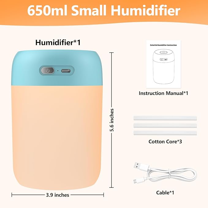 Portable Small Humidifier, 650ml Colorful Mini Humidifier for Bedroom, Office Desktop, Baby Room, Plants, Cool Mist Humidifiers(Blue)