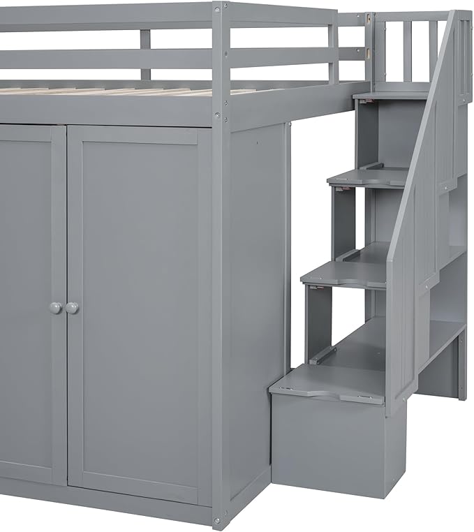 LUMISOL Full Size Loft Bed with Built-in Wardrobes and Drawers, Wood Loft Bed with Storage Stairs and Cabinet, Wood Loft Bed with Multiple Storage, Gray