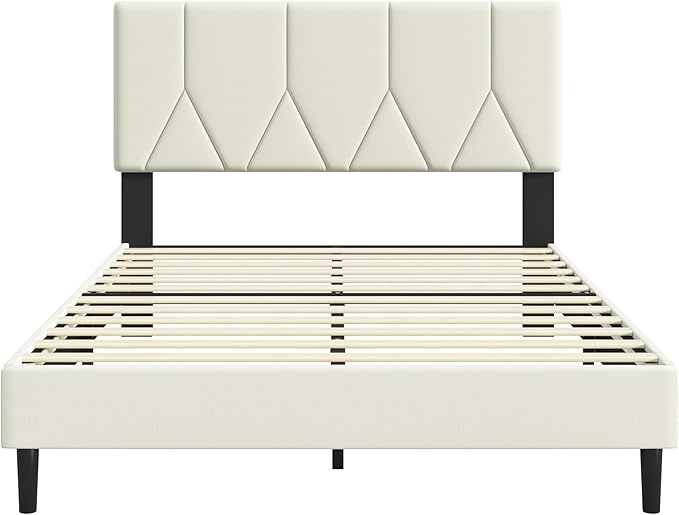 Full Bed Frame, Padded Platform Bed Frame with Velvet Headboard, Vertical Quilted Design, Sturdy Slatted Mattress Base, No Spring Mattress Required, Easy to Assemble, Beige