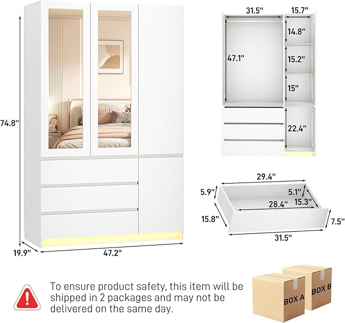 3 Doors Armoire Wooden Wardrobe Closet with 3 Drawers & 2 Mirror, 75"H Clothing Storage Cabinet with Hanging Rod,Modern Bedroom Large Freestanding Armoires with Led Lights for Bedroom,White
