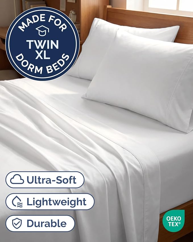 Twin XL 4 Piece Sheet Set - Comfy, Breathable & Cooling - Hotel Luxury Bedding for Women, Men, Kids, Teens and Children - 1 Flat & 1 Fitted Sheet & 2 Pillowcases w/ Deep Pockets - Wrinkle Free - White