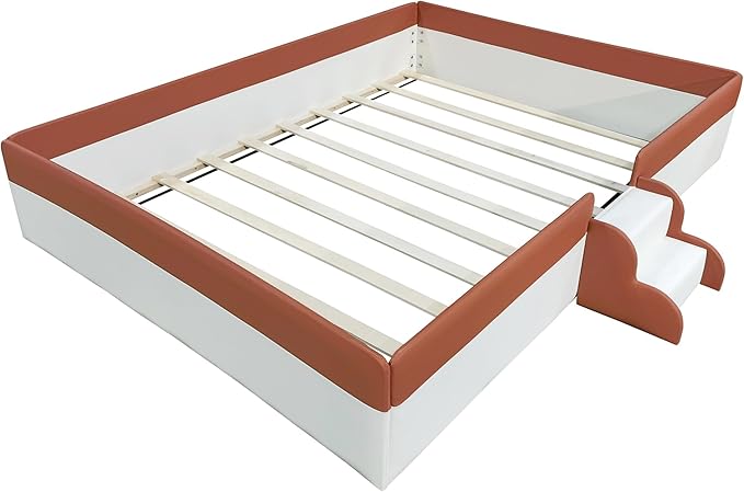 Merax King Size Kids Floor Bed, Daybed Frame with Fence and Stairs, Upholstered Wood Bed for Living Room, White+Brown