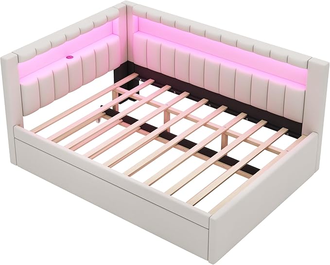 Merax Modern Upholstered Platform Bed Frame with USB Ports & Trundle Bed, Floor Sofa Day Bed with Storage Headboard, No Box Spring Needed/Easy Assemble/Full,White