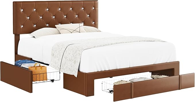 VECELO Queen Size Bed Frame with 3 Storage Drawers, Leather Upholstered with Diamond Tufted Headboard, Solid Wood Slat Support & Steel Framework, PU & Brown