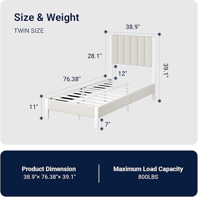 Avenco Twin Size Bed Frame with Velvet Upholstered Piano Keys Headboard, Metal Platform Bed Frame with Metal Slats for Bedroom, White