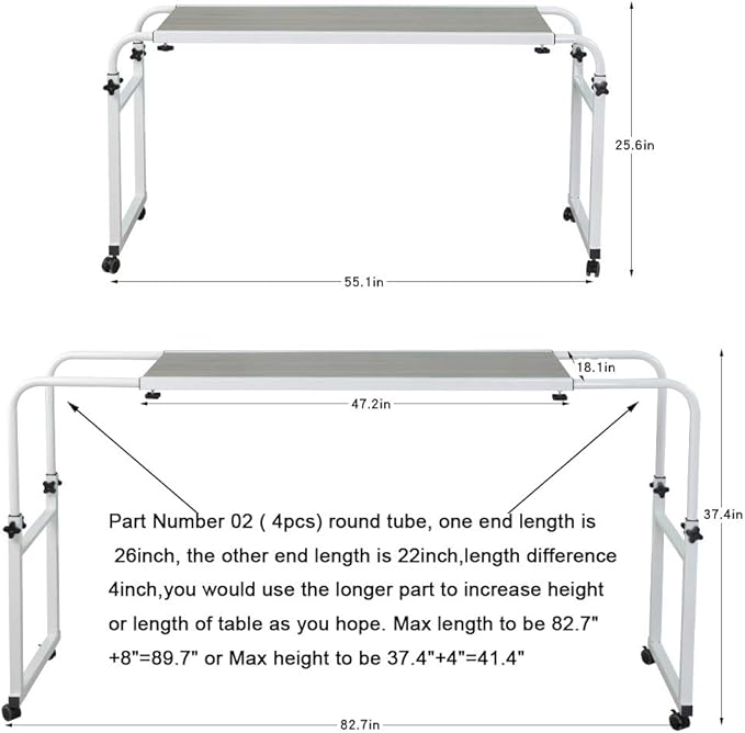 TigerDad Adjustable Overbed Table with Wheels, Mobile Laptop Desk on Wheels for King Queen Bed, Height Adjustable Rolling Computer Cart with Stand, Ancient Oak