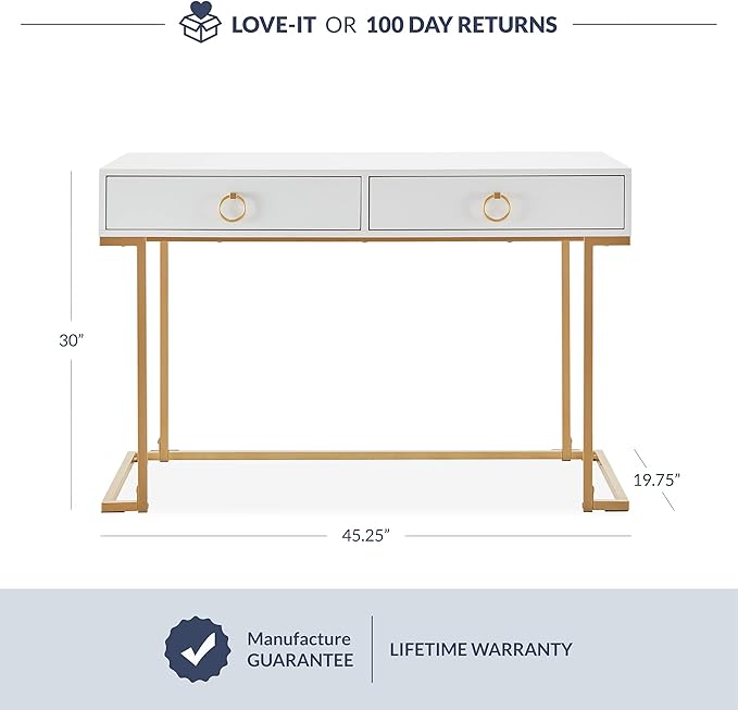 BELLEZE Vanity Desk with 2 Drawers, 45 Inch Computer Desk Mordern Vanity Makeup Dressing Table Home Office Desk Laptop Study Writing Table with Gold Metal Frame, White