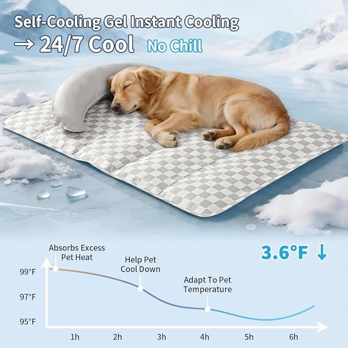 SOMAHE Pet Cooling Mats Pad for Dogs, Portable Summer Self-Cooling Mat with Removable Crescent Pillow for Large Dogs (Q-Max>0.5), Non-Toxic, All-Day Cooling, 35 x 24 Inches Grey