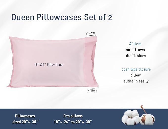 Pillow Cases, Standard Queen Size Cotton Percale Weave Pillowcases, Pre-Shrunk Breathable and Hypoallergenic Pillowcases, Set of 2 (2 Piece Standard/Queen 20 Inch x 30 Inch, Dark Pink)