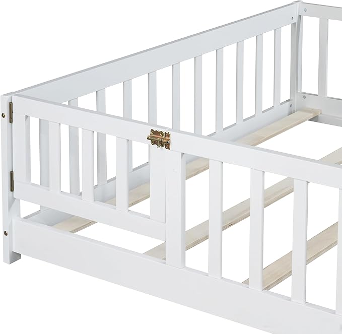 Bellemave Full Size Montessori Floor Bed Frame with Rails & Door, Solid Wood Kids Floor Bed Full with Removable Slats, Low Profile Montessori Bed for Children’s Sleep & Play, White