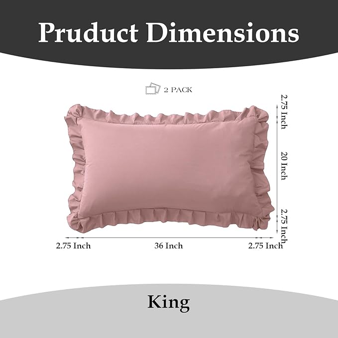 Ruffle Pillow Cases King Size Set of 2 – Soft Wrinkle Resistant Brushed Microfiber Ruffled Pillowcases –Envelope Pillow Shams Cover Festive Gift for Hotels, Guest Rooms 20x36 Inch (Pink)