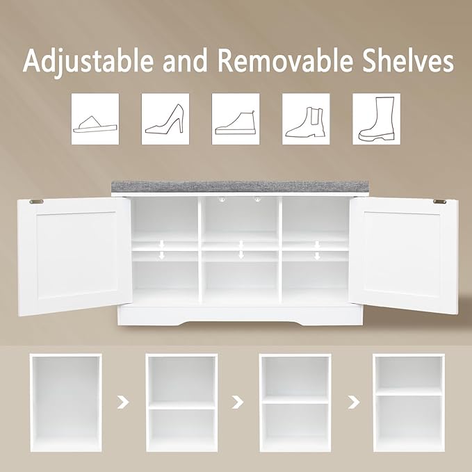 DINZI LVJ Shoe Bench, Entryway Storage Bench with Doors, Cushion, 2-Tier Shoe Rack with 6-Cubby, 31.5”L x 13.8”W Shoe Organizer Cabinet, Adjustable Shelf, Living Room, Bedroom, White