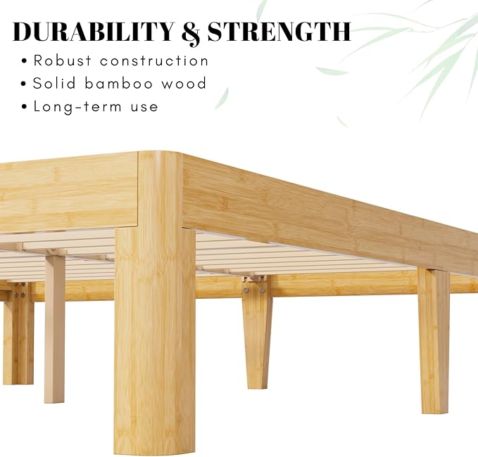 12 Inch High Bamboo Wood Queen Bed Frame, Steel Slats Support Queen Size Bed Frame, Solid Foundation, Noise Free, No Box Spring Needed, Easy Assembly
