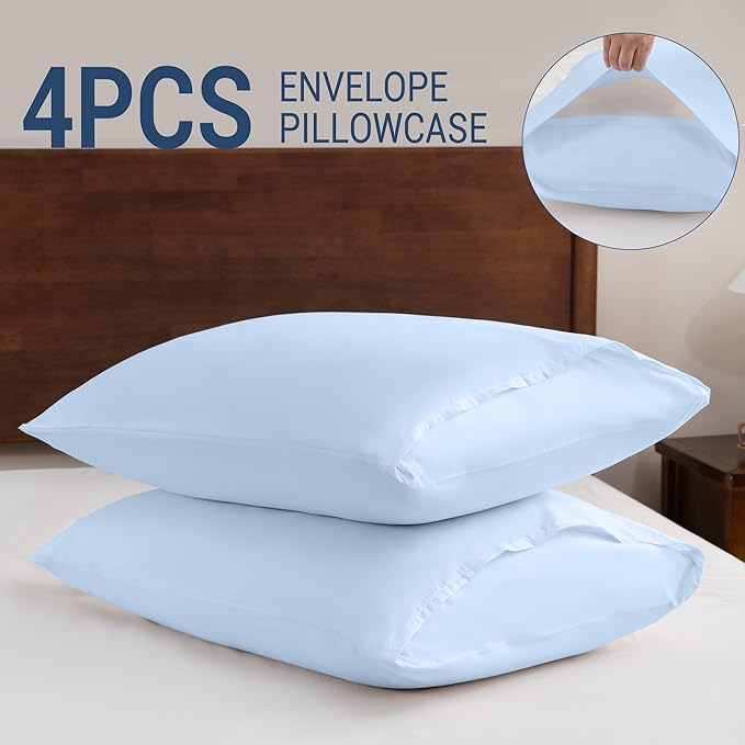 Pillowcases Standard 4 Pack, 20x26 Pillow Cases with Envelope Closure, Soft Plain Brushed Microfiber Covers Breathable Wrinkle-Resistant, Light Blue