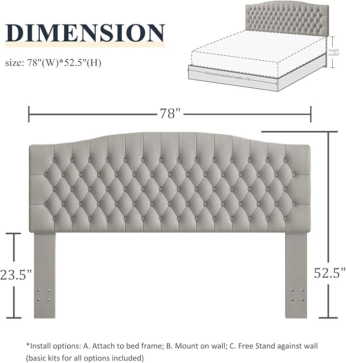 Befurtori King Headboard Only, Upholstered Headboard for Adjustable Bed Velvet Tufted Cal King Size Wall Mounted Head Board with Solid Wood Legs Head Board, Silver Gray