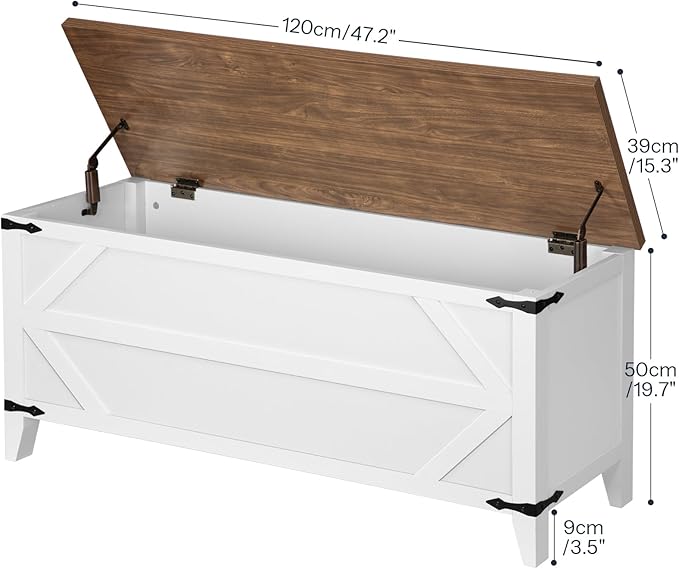 HOOBRO 47.2" Toy Box, Storage Bench with Safety Hinges, Toy Chest Storage, Wooden Storage Chest for Bedroom, Living Room, White and Walnut WH16CW01