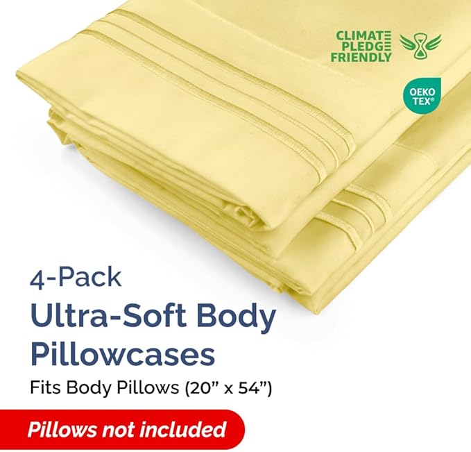 Body Pillowcases Set of 4-20x54 Long Body Pillow Case - Soft Body Pillow Cover for Sleeping & Side Sleepers - Comfy, Cozy Breathable & Fade Free - Machine Washable w/Envelope Enclosure - (Yellow)