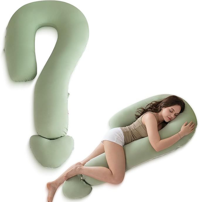 Meiz Question Mark Body Pillow for Adults & Couples - Rayon Cover Derived from Bamboo, Full Body Support for Side Sleepers, Back & Pregnancy, with Detachable Heart Cushion, Sage Green