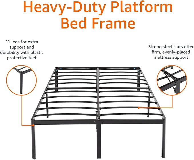 Amazon Basics Heavy-Duty Non-Slip Bed Frame with Steel Slats, 18" Height for Storage Space, Sturdy Support for Mattress, Easy Assembly, Queen, Black