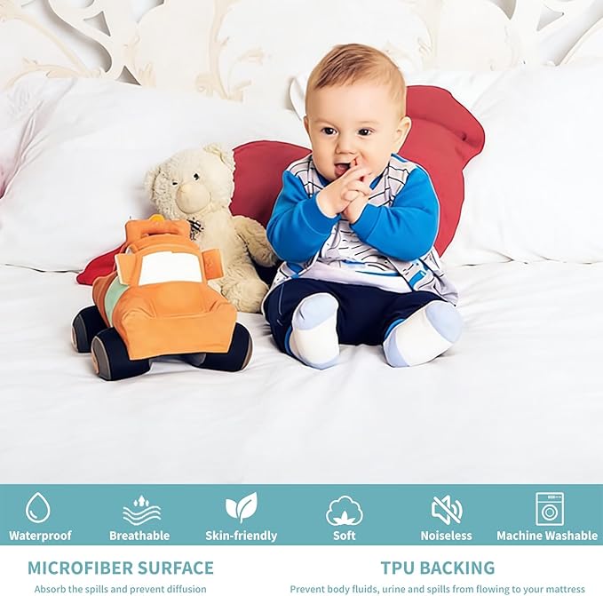 Twin Mattress Protector Waterproof- Washable Mattress Cover Twin Size Fitted Bed Pad Noiseless Plastic Protection Up to 18” Mattress Protector Soft&Breathable（White）