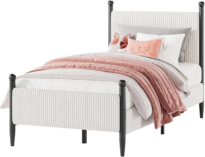 Garvee Twin Size Upholstered Bed Frame - with Velvet Headboard, Soft Corduroy Fabric Platform with Wooden Slats Support & Heavy Duty Feet, No Box Spring Needed, Noise Free, Easy Assembly, White