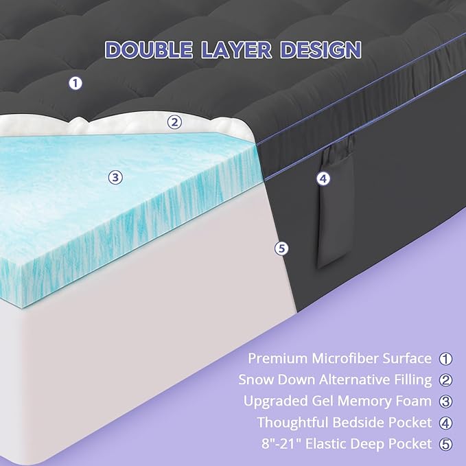ABENE 3 Inch Dual Layer Twin XL Memory Foam Mattress Topper, 2 Inch Memory Foam Plus 1 Inch Down Alternative Pillowtop Mattress Pad with Deep Pocket, Soft Support for Pressure Relief, Gray