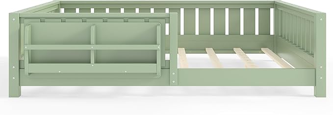 Bellemave Full Size Floor Bed Frame with Fence & Bookshelf, Solid Pinewood Montessori Floor Bed Full with Slats Load 550LBS, Low Profile Floor Bed for Kids, Bedroom, Nursery, Easy Assembly, Green