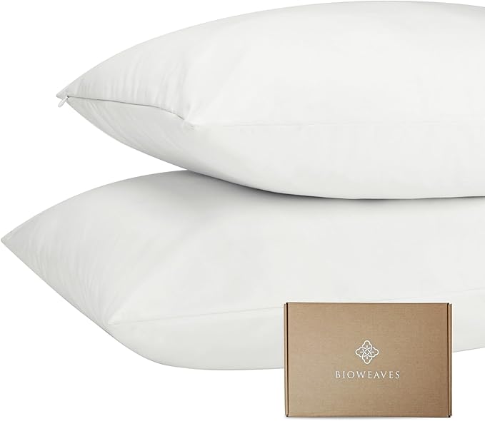 Bioweaves Organic Cotton Jersey Knit Waterproof Pillow Protector Covers with Zipper Closure – GOTS Certified Soft & Quite Pillow Encasement – Queen Size, 20 x 30 inches, Set of 4