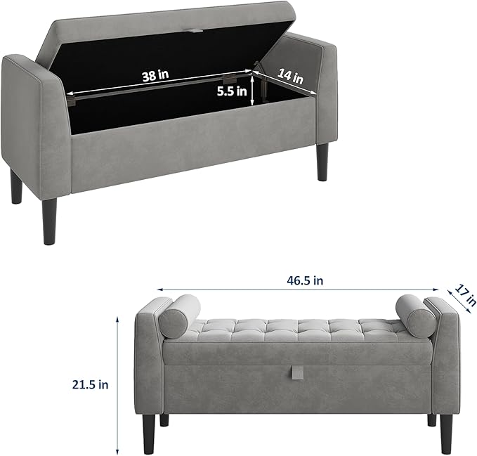46.5 in Storage Ottoman Bench – Upholstered End-of-Bed Storage Chest with Rolled Armrests & Wood Legs, Entryway Shoe Bench and Footrest Seat for Hallway, Bedroom & Living Room& Walk-in Closet (Gray)