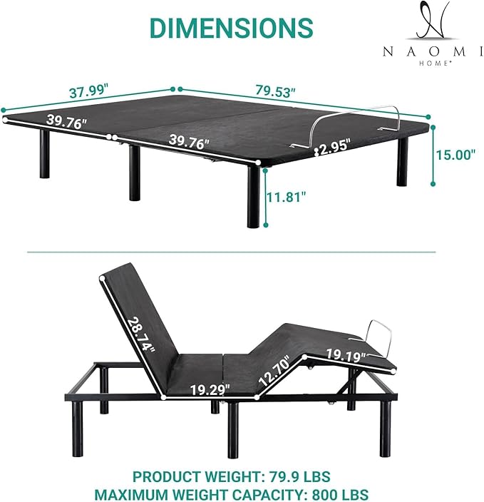 Naomi Home Twin XL Adjustable Bed Frame, Metal, Black, 7 Positions, Wireless Remote, Easy Assembly - Enhanced Comfort & Stylish Design