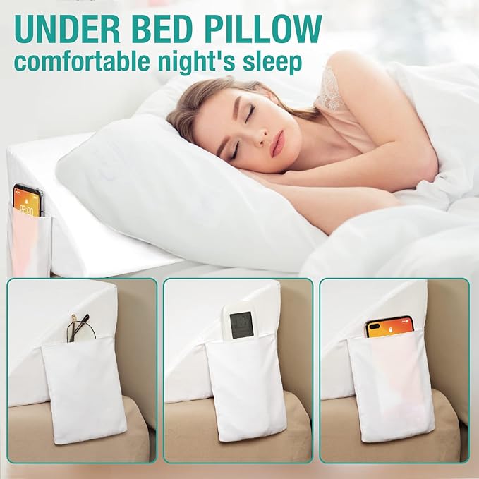 Vekkia Queen Bed Wedge Pillow for Headboard – High-Density Foam Fills Gaps (0-5.5") Between Mattress and Headboard, Wedge Pillow with Pockets for Phone & Remotes, Washable Cover(White)