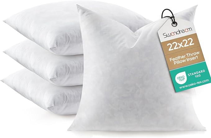 Feather Throw Pillow Inserts Set of 4, Soft Fluffy Square 22 x 22 Inches Decorative Pillow Insert, Feather and Down Euro Pillows for Bed, Couch and Cushion