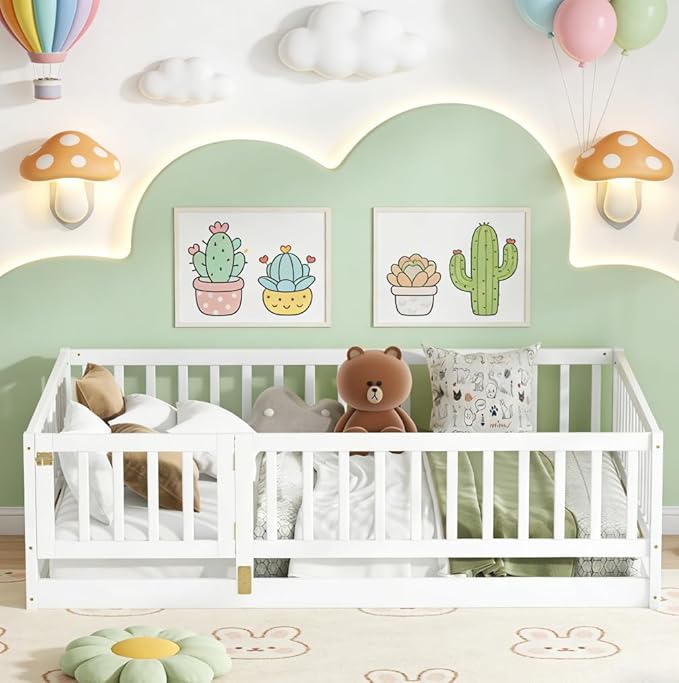 Bellemave Twin Size Montessori Floor Bed with 21.5" High Rails and Slats, Pine,Plywood Floor Bed with Small Door, Natural