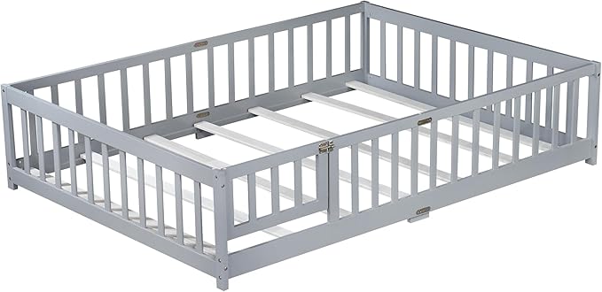 Bellemave Full Size Floor Bed with Slats and Safety Guardrail, Full Size Montessori Floor Bed with Fence and Door, Easy Assemble Montessori Beds for Kids, Girls, Boys, Gray