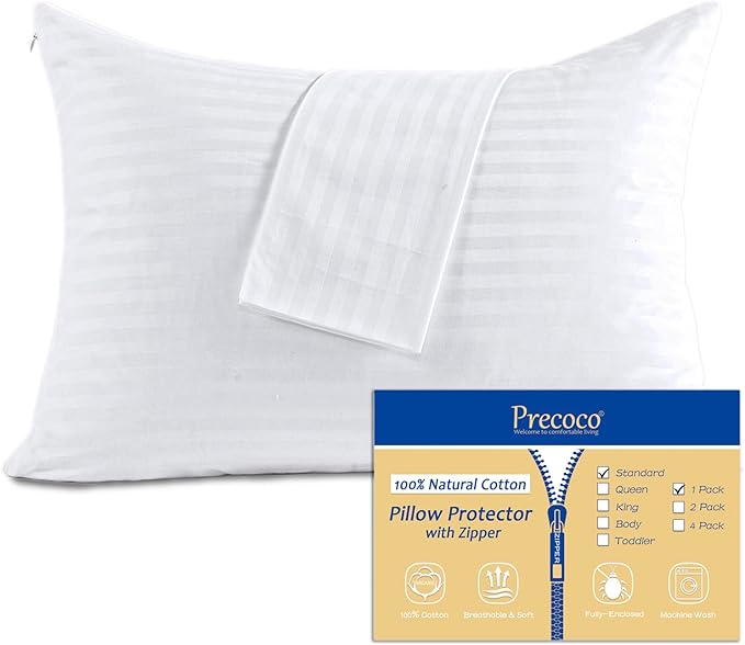 100% Cotton Pillow Protectors with Zipper Standard Size, White Pillow Cases for Home & Hotel, Sateen Soft Cooling Hidden Zippered Pillow Case Protector for Hair & Skin, 20x26 in, 1 Pack