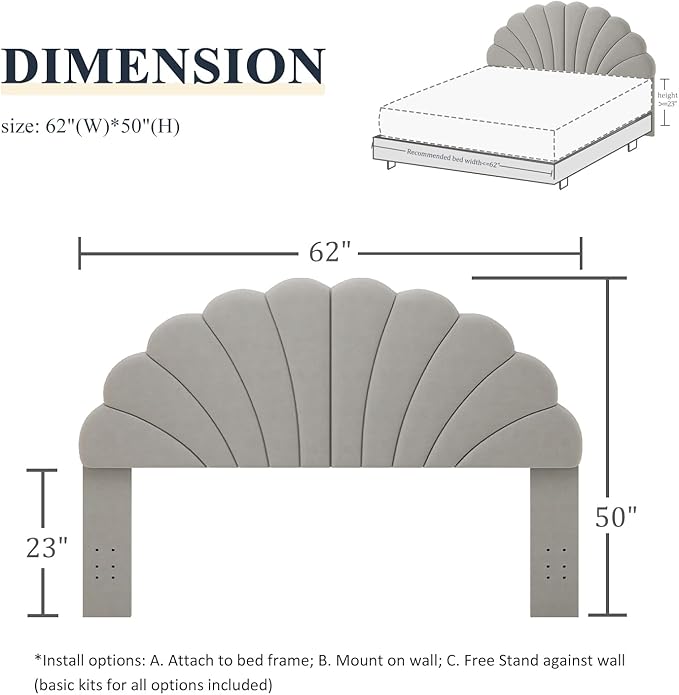 Befurtori Queen Size Headboard Only, Petal Wall Mount Headboard Queen/Full Size for Adjustable Bed Velvet Upholstered Head Board Easy Assembly, Gray
