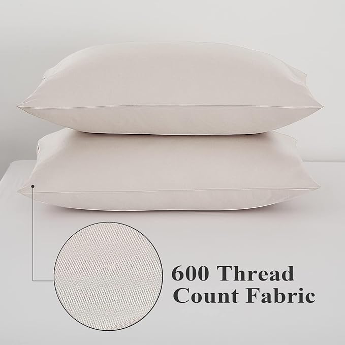 100% Egyptian Cotton Pillow Protectors Set of 4, 600 Thread Count Queen Size Bed Pillow Cases with Zipper, Sateen Weave Cooling Pillow Cases Quiet and Breathable Easy Care (4PCS, Queen, Light Beige)