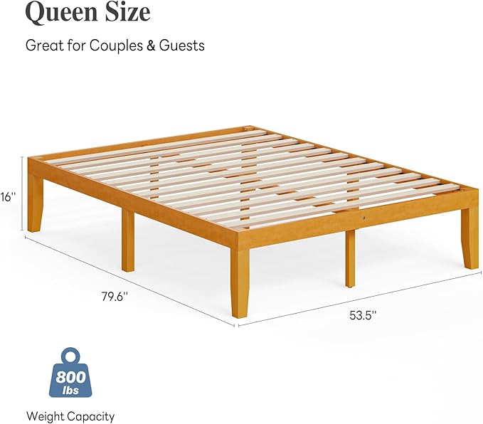 DUMOS Queen Solid Bed Frame Wood 16 Inches, Sturdy Platform Bed with Heavy Duty Wood Slat Support, No Box Spring Needed, Easy Assembly, Natural Pine