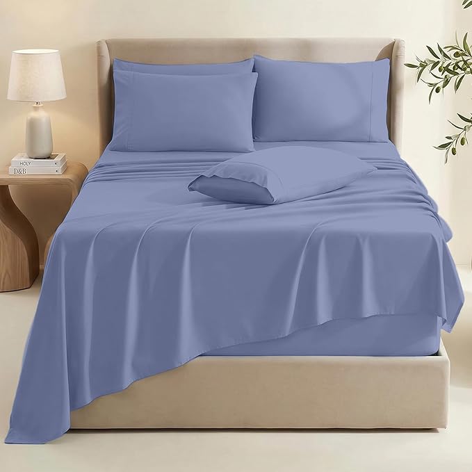 Hearth & Harbor Extra Deep Pocket King Size Sets - Fits Mattress 18-24 Inches Deep - Extra Deep Pocket Sheets - 6 Piece King Size - Steel Blue