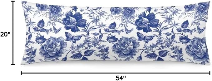 Blue and White Porcelain Floral Body Pillow Cover Modern Vintage Chinoiserie Decorative Long Pillow Case with Zipper Farmhouse Bedding Pillowcase Soft Cushion Pillow Covers for Bedroom,Couch,20"x54"