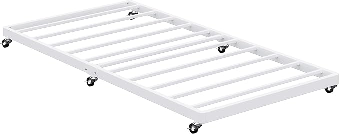 Lutown-Teen Twin Trundle Bed Frame with Metal Slats, Roll-Out Design, Easy Assembly Steel Frame with Lockable Wheels, Noiseless Pull Out Bed for Bedroom, Living Room or Guest Room, White