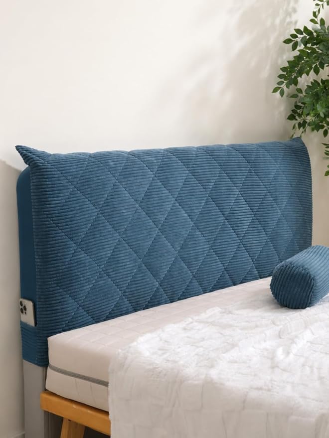 Corduroy Headboard Cover—Stretch-Quilted, Padded Dust-Proof Protective Cover (Fits Queen/King Beds), Machine-Washable Decorative Headboard Cover (Blue, 63x27.5 inches)