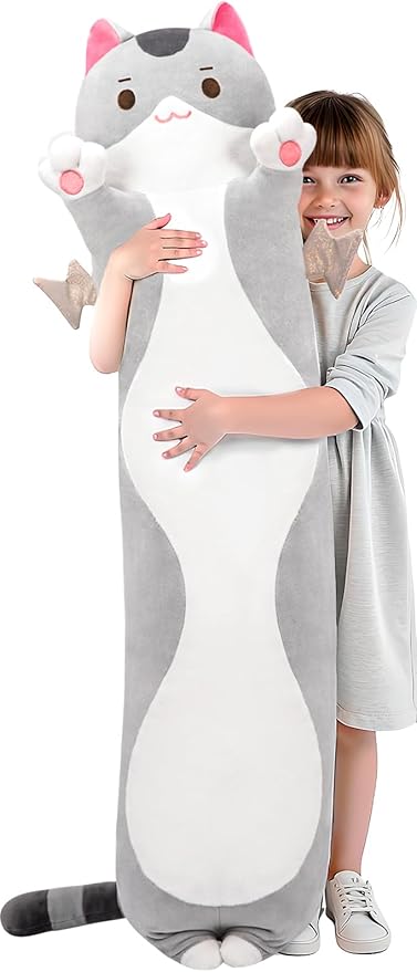 Mewaii Long Cat Plush 5 Sizes, 120% Extra Filling Giant Plushness Kids Body Pillow, Kawaii Cute Grey Cat Stuffed Animals Plushies, Big Long Body Pillow Cat Plush Gift for Girls 36”