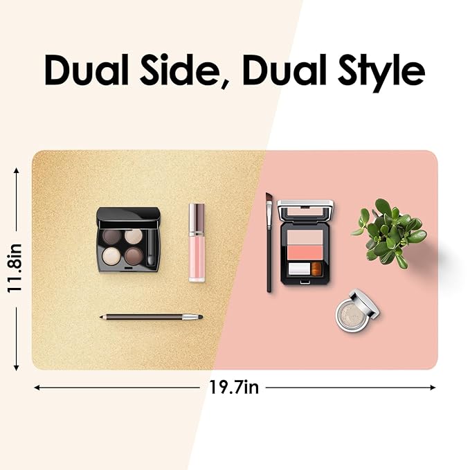 Makeup Mat for Vanity to Protect Desk Top 19.7 x 11.8in, Dual-Sided Makeup Mat, Easy to Clean Desk Pad - Waterproof and Oilproof Vanity Accessories (Gold and Pink)