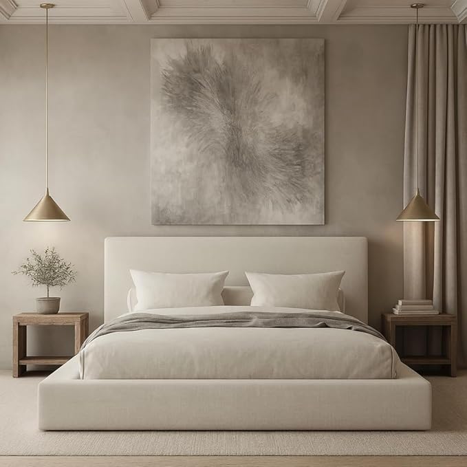 Square Bed – Washable Cover - Soft Upholstered Linen - Minimalist Modern - Sold Separately (Waterproof Cream Linen, King Headboard)