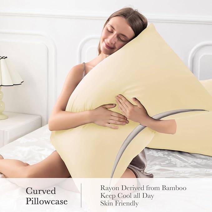 Curved Pillow Case King Size, Side Sleeper Pillow Cases Cover Cooling Rayon Derived from Bamboo with Zipper for hot Sleepers Hair and Skin, Breathable Silky Soft Pillowcase 1 Pack 20 * 36 Inches