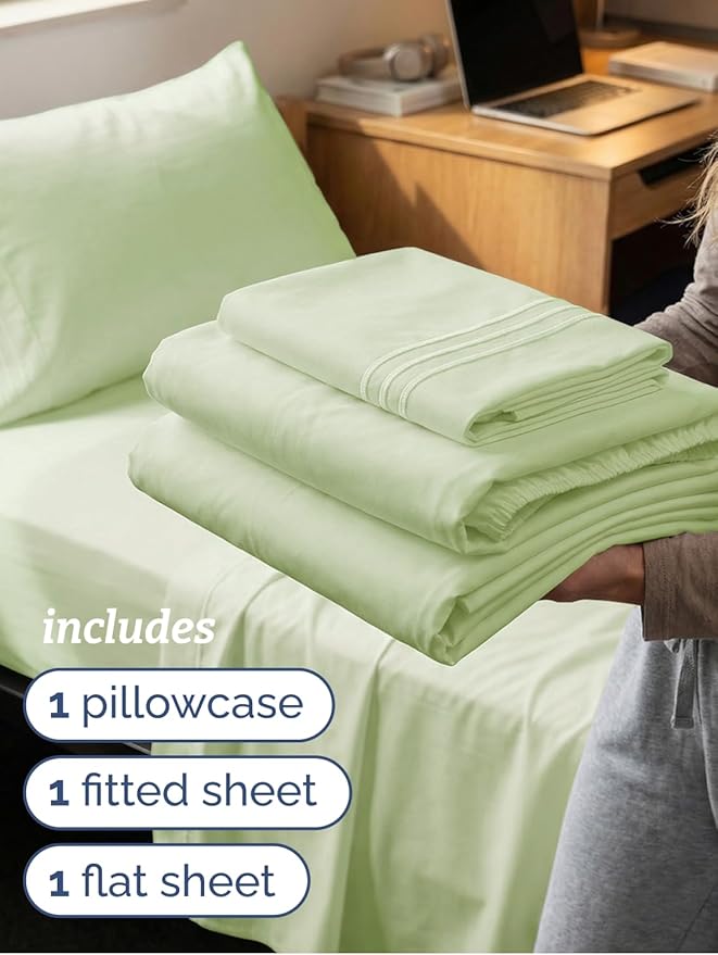 Twin XL Size 3 Piece Sheet Set - Comfy Breathable & Cooling Sheets - Hotel Luxury Bed Sheets for Women & Men - Deep Pockets, Easy-Fit, Soft & Wrinkle Free Sheets - Light Sage Green Oeko-Tex Bed Sheets